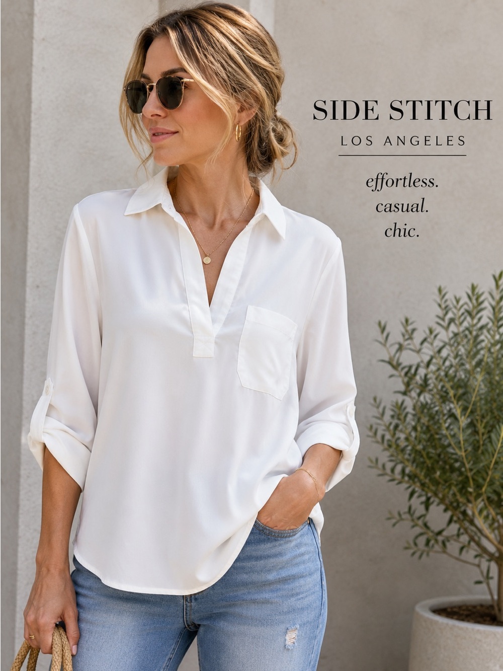 Side Stitch Los Angeles California Casual 3/4 roll tab sleeve shirt Small tencel
